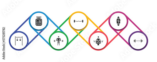 gym and fitness filled icons with infographic template. glyph icons such as phytonutrients, dumbbells bar, sport watch, rings exercises, exercising dumbbell, trainers, lifting barbell vector.