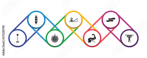 gym and fitness filled icons with infographic template. glyph icons such as fitness bracelet, press simulator, resistance band, standing punching ball, big stopwatch, steroids, barbell weightlifting