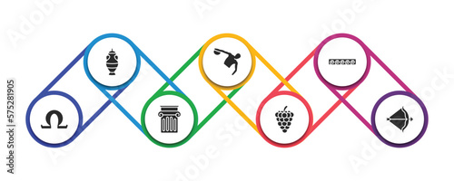 greece filled icons with infographic template. glyph icons such as amphora, sports games, greek ornament, omega, jonic column, grapes bunch, artemis vector.