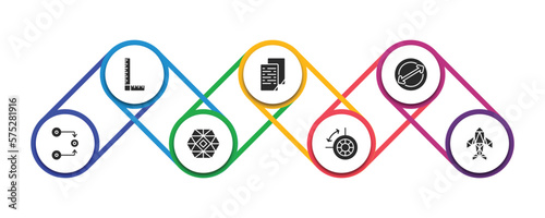 geometry filled icons with infographic template. glyph icons such as measure, copy, diameter, flow, polygonal ornament, dimensions, polygonal jet aircraft vector.