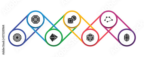 geometry filled icons with infographic template. glyph icons such as ennegon, , line, color wheel, octahedron, 3d cube, polygonal jewel vector. photo