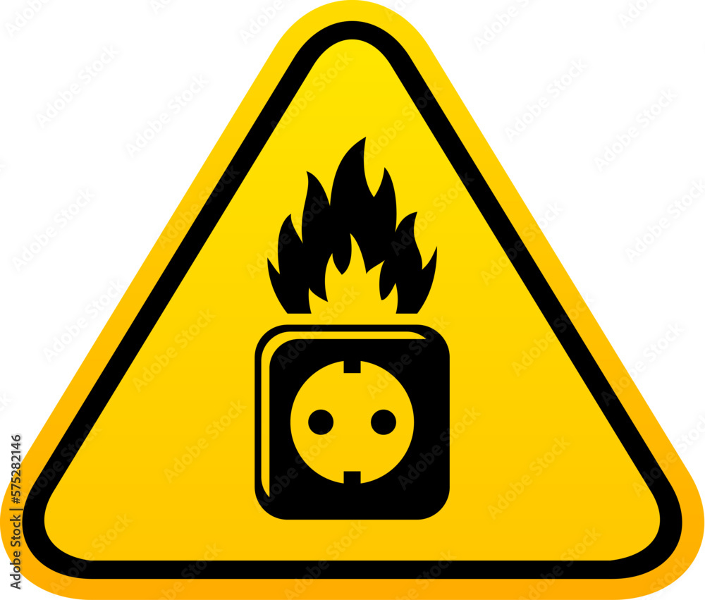 Fire safety warning sign, broken electrical outlet can cause a fire