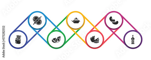 gastronomy filled icons with infographic template. glyph icons such as dough, teapot, beans, floss, lime, oyster, gin vector.
