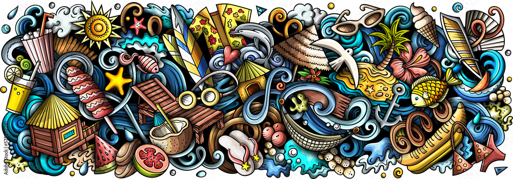 Fototapeta premium Summer beach detailed cartoon illustration