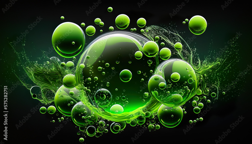  Vibrant green bubbles suspended in motion, creating a dynamic and effervescent composition against a dark backdrop, AI generated.