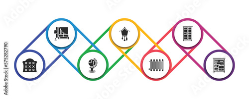 furniture & household filled icons with infographic template. glyph icons such as living room, cuckoo clock, armoire, headboard, globe, heating unit, shelf vector.