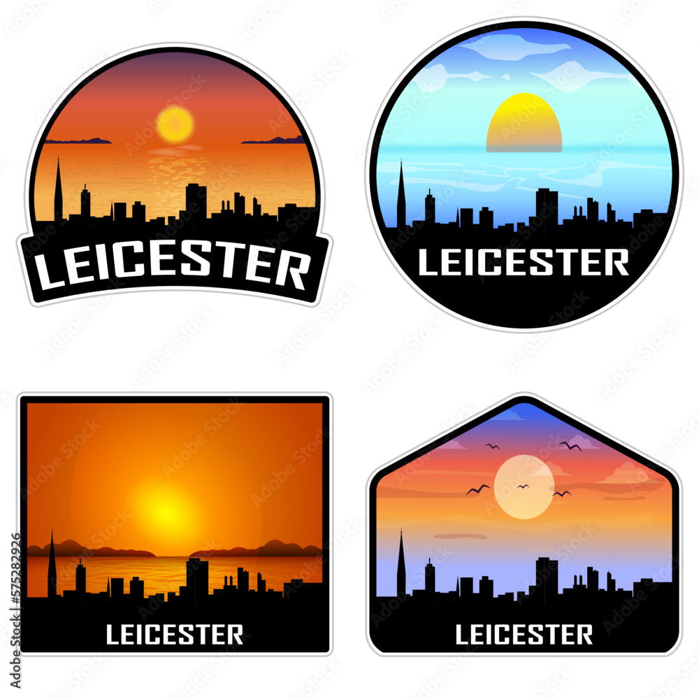 Leicester England Skyline Silhouette Retro Vintage Sunset Leicester Lover Travel Souvenir Sticker Vector Illustration SVG EPS AI
