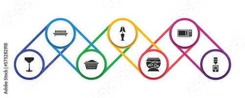 furniture & household filled icons with infographic template. glyph icons such as daybed, bedroom lamp, microwave, glassware, laundry hamper, fish bowl, water dispenser vector.