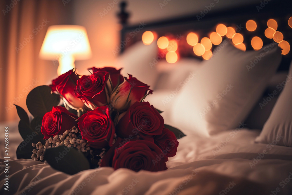 Fototapeta premium Bouquet of red roses on bed in a hotel room. Generative AI