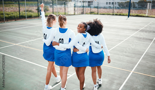 Hug, back and portrait of a team for netball, training support and game collaboration on a court. Teamwork, motivation and athlete girls ready to start a sport with group unity, together and bonding