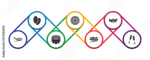 food and restaurant filled icons with infographic template. glyph icons such as shaobing, cong you bing, tofu, buddhas delight, moon cake, kung pao chicken, champagne glass vector.