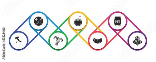 food filled icons with infographic template. glyph icons such as restaurant, drink in a coconut, fodder, italian, christmas candy sticks, bean, tiffin vector.