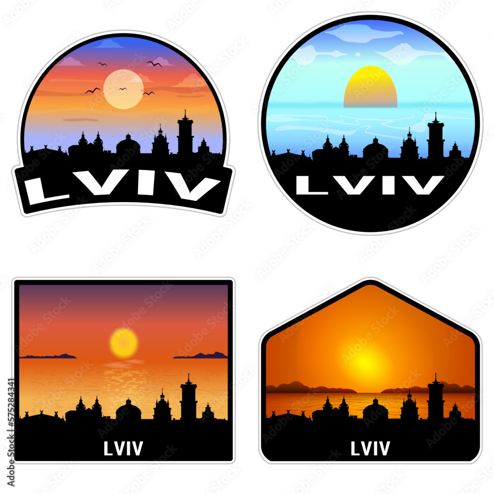 Lviv Ukraine Skyline Silhouette Retro Vintage Sunset Lviv Lover Travel Souvenir Sticker Vector Illustration SVG EPS AI