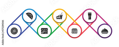 food filled icons with infographic template. glyph icons such as oyster omelette, hamburger and drink, pint, shuizhu, candy shop, double burger, covered food tray vector.