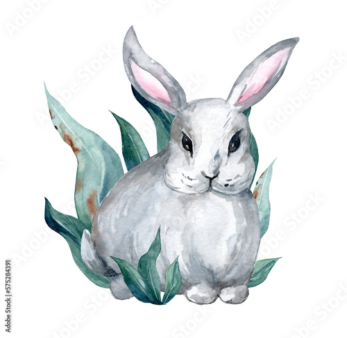 Watercolor illustration with cute rabbit. Isolated on white background. Hand clipart. Ideal for postcards, postcards, tags, invitations, printing, packaging