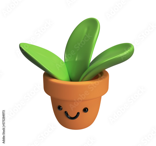 Flower  plant with leaves in pot. Gardening concept. 3d icon isolated. Cartoon minimal style