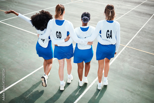 Принти на полотні Netball team, sports on outdoor court and diversity, athlete group and training for game, young girls back view