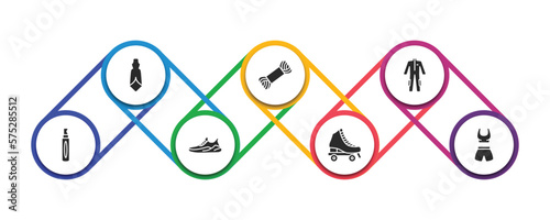 fashion filled icons with infographic template. glyph icons such as cloth, skein, working coverall, spray bottle, gym shoes, roller skater, gym clothes vector.