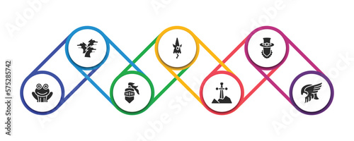 fairy tale filled icons with infographic template. glyph icons such as cerberus, karakasakozou, leprechaun, toad, knight, excalibur, valkyrie vector.