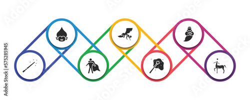 fairy tale filled icons with infographic template. glyph icons such as troll, gryphon, genie, magic wand, hero, enchantment, centaur vector.