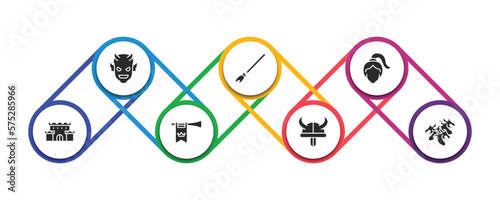 fairy tale filled icons with infographic template. glyph icons such as devil, broomstick, damsel, castle, fanfare, viking, hydra vector.