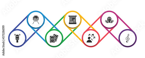 arcade filled icons with infographic template. glyph icons such as lottery game, arcade game, crystal, puppet show, magic cards, soprano, g clef vector.