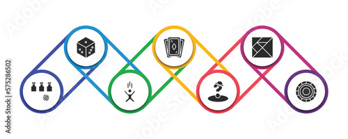 entertainment filled icons with infographic template. glyph icons such as die, card game, tangram, bottles ball, jump, board games with roles, game chips vector.