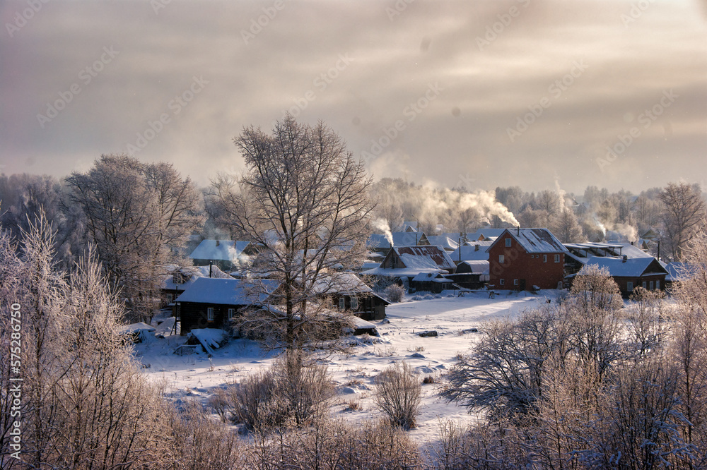 Houses in the middle of snow and among trees Houses in the middle of snow and among trees