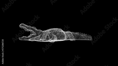 3D crocodile alligator rotates on black bg. Object dissolved white flickering particles 60 FPS. Business advertising backdrop. Science concept. For title, text, presentation. 3D animation photo