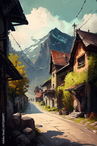 village beside mountains. Generative Ai