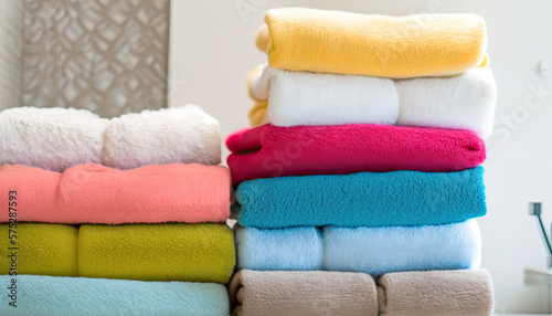 a stack of different colored towels, cozy and soft