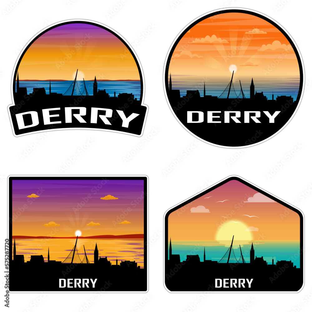 Derry Northern Ireland Skyline Silhouette Retro Vintage Sunset Derry Lover Travel Souvenir Sticker Vector Illustration SVG EPS AI