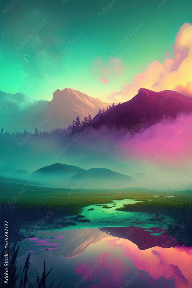 Fototapeta premium fog covered colorful nature landscape. Generative Ai