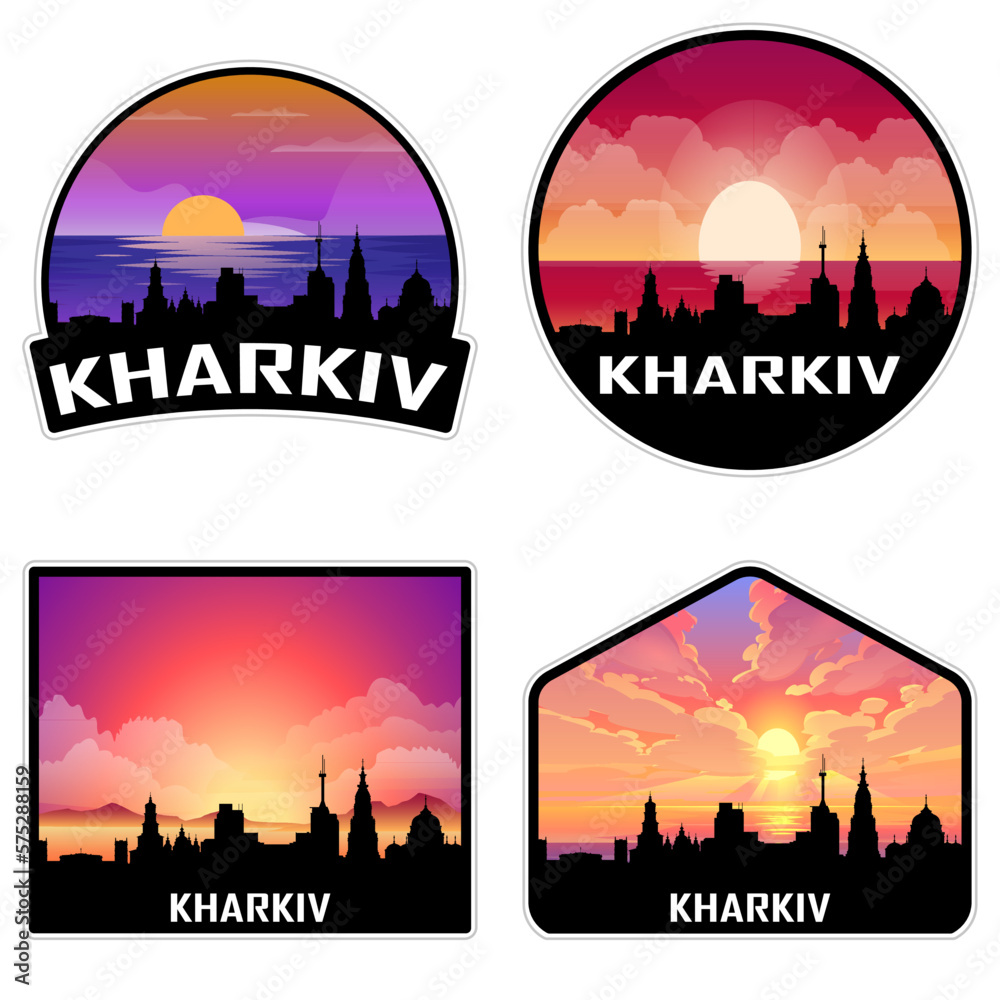Kharkiv Ukraine Skyline Silhouette Retro Vintage Sunset Kharkiv Lover Travel Souvenir Sticker Vector Illustration SVG EPS AI