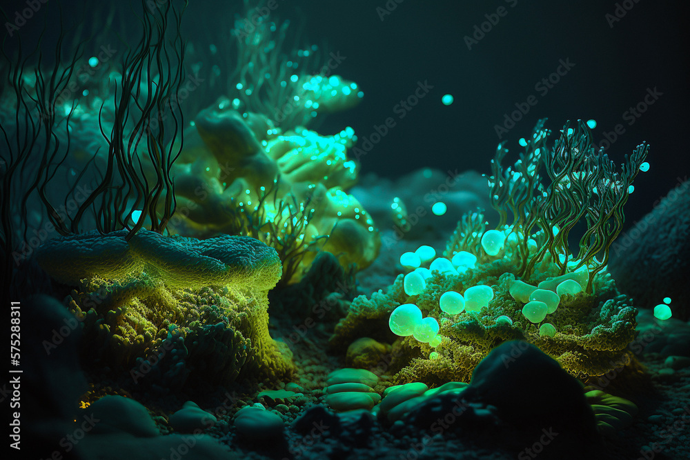 Fototapeta premium Underwater Bioluminescent plants. Marine landscape. Digital painting. Generative Ai.