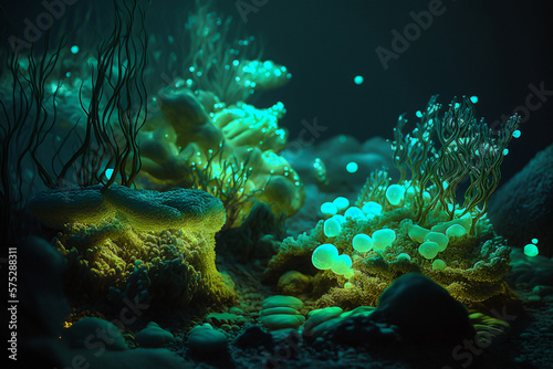 Underwater Bioluminescent plants. Marine landscape. Digital painting. Generative Ai.