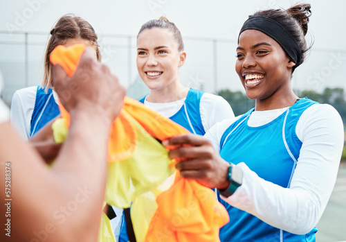Netball, team color and exercise, girl on court outdoor for sports, student league and train for game. Athlete, teen and gen z with fitness, collaboration and competition with happiness and diversity