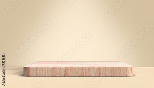 Wooden platform podium 3d rendering with shadow on the floor in pastel background. Mock up for product display.