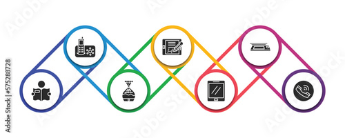 electronic devices filled icons with infographic template. glyph icons such as answering hine, electronic, scanner, book reader, humidifier, tablet, telephone vector.