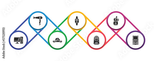 electronic devices filled icons with infographic template. glyph icons such as blow dryer, smartwatch, food processor, personal computer, dvd player, air purifier, weighing vector.