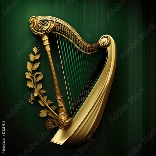 Fotografiet Floral decorated golden Irish harp on dark green background