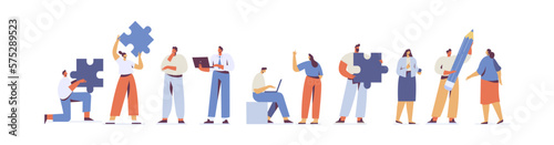 Team working, cooperation. People connecting huge puzzle elements. Partnership. Vector illustration in flat design style.