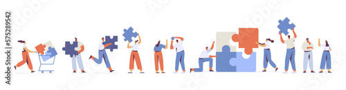 Team working, cooperation. People connecting huge puzzle elements. Partnership. Vector illustration in flat design style.