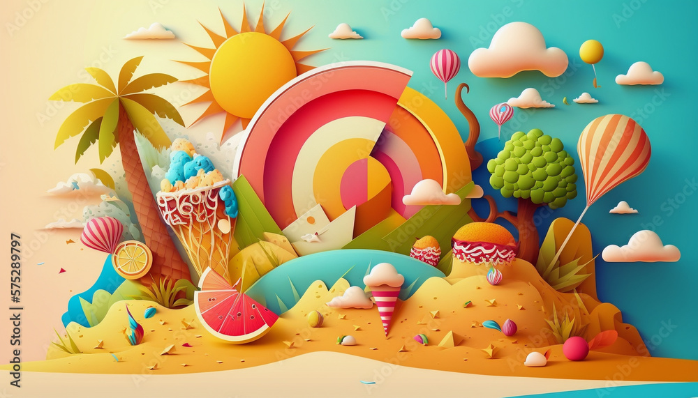 Fototapeta premium Bright Summer Vibe Caricature Illustration Background - Generative AI