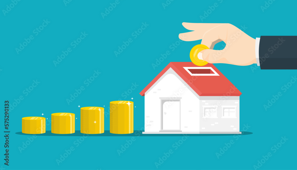 Saving income for future housing concept, Business human hand hold coin with house, Digital marketing illustration. Saving income for future housing concept, Business human hand hold coin with house, Digital marketing illustration.