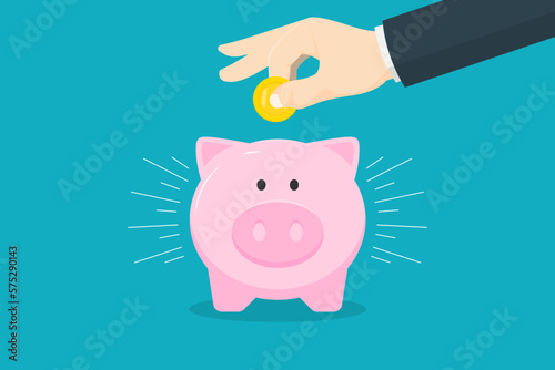 Saving money for the future concept, Business human hand hold coin with piggy bank, Digital marketing illustration.