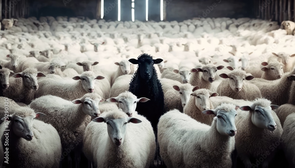 A Flock of White Sheep with a Black Sheep in the Barn Unique and