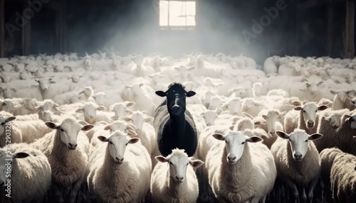A Flock of White Sheep with a Black Sheep in the Barn - Unique and Stand Out from the Crowd. Generative ai illustration