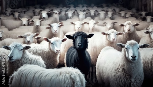 A Flock of White Sheep with a Black Sheep in the Barn - Unique and Stand Out from the Crowd. Generative ai illustration photo