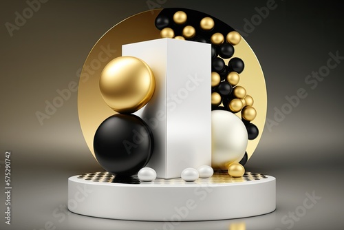 A mockup of a luxurious golden podium with spheres, ideal for showcasing a product's branding or packaging, superimposed over a water background. All natural pedestal with a black and gold finish. The